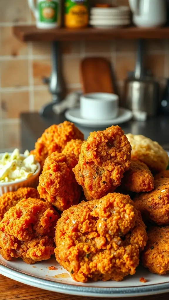 A plate of classic fried chicken, crispy and golden, served with coleslaw.