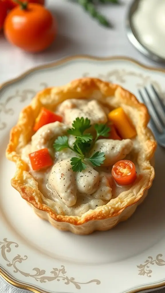 A serving of Chicken À La King in a pastry shell, garnished with vegetables.