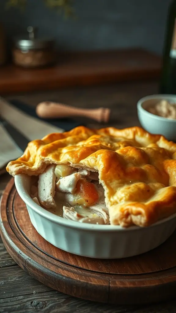 A delicious chicken pot pie with a golden crust, sitting on a wooden board.