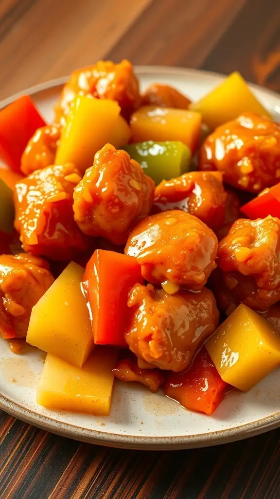 A plate of sweet and sour chicken with colorful bell peppers and pineapple.