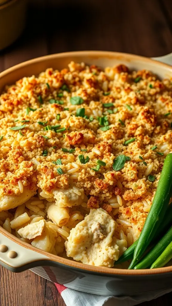 A delicious chicken and rice casserole topped with breadcrumbs and herbs.