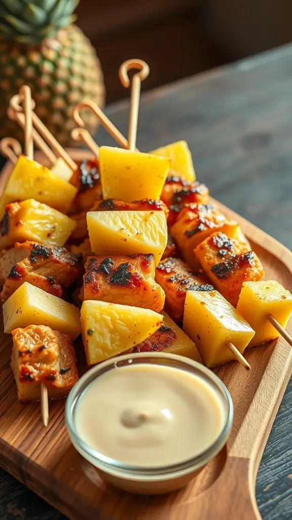 Grilled pineapple chicken skewers on a wooden platter with a dipping sauce