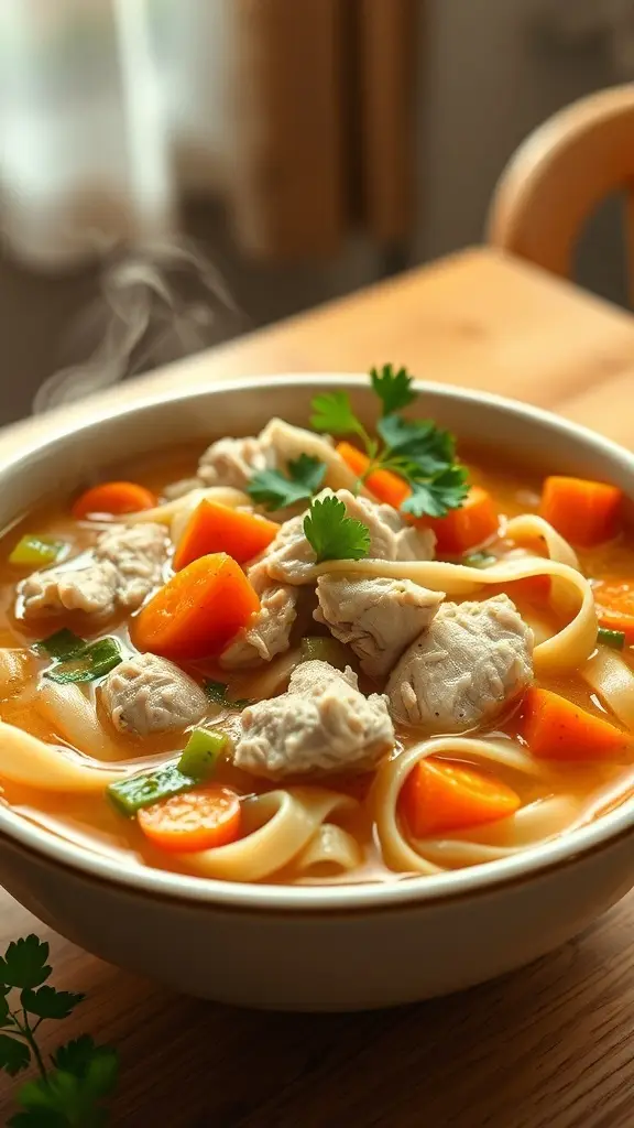 A bowl of chicken noodle soup with carrots, celery, and herbs.