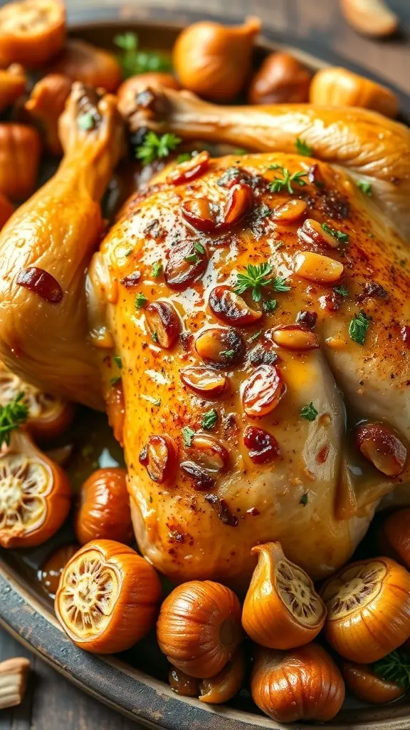 A beautifully roasted chicken with garlic cloves and herbs on a rustic plate.