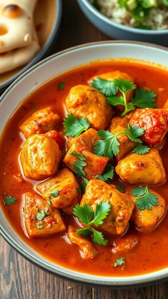 A bowl of Chicken Tikka Masala served with rice and naan, garnished with cilantro.