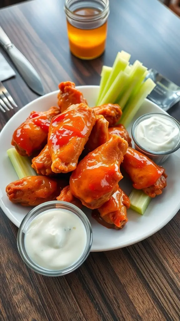 A plate of spicy buffalo chicken wings served with celery sticks and dipping sauce.