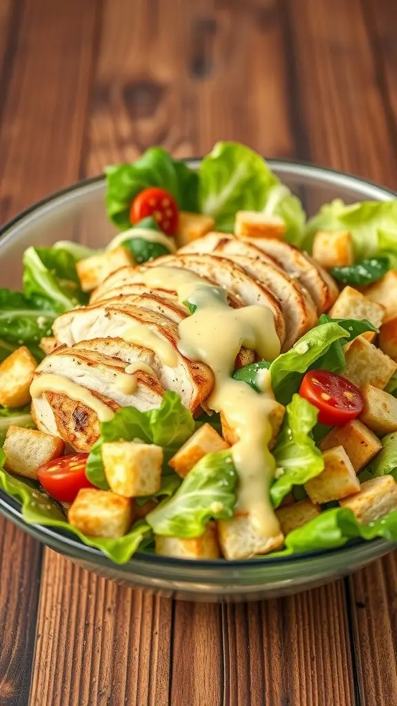 A bowl of Chicken Caesar Salad with grilled chicken, lettuce, croutons, and Caesar dressing.