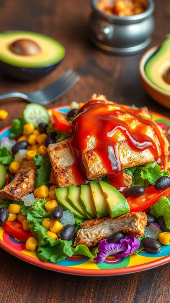 A colorful BBQ chicken salad with grilled chicken, fresh vegetables, and avocado.