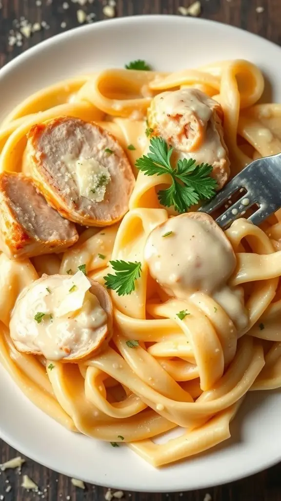 A plate of Chicken Alfredo with fettuccine, sliced chicken, and creamy sauce.