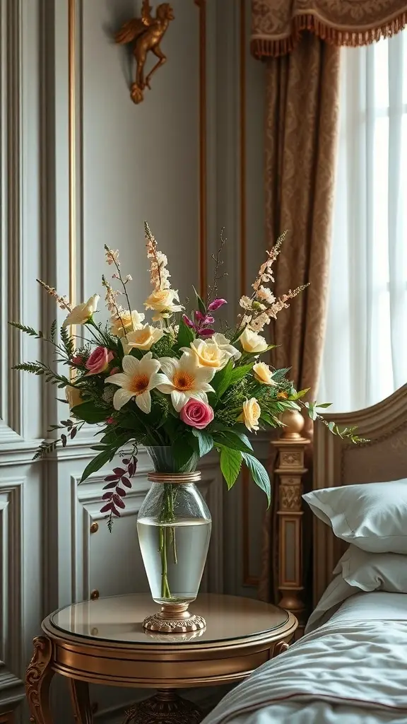 A beautiful floral arrangement featuring roses and lilies in a glass vase on a bedside table.