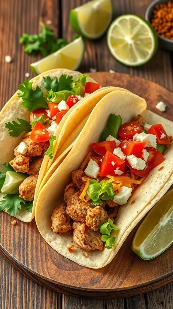 Delicious chicken tacos with fresh toppings on a wooden plate