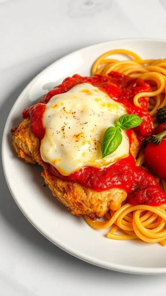 A plate of Chicken Parmesan served with spaghetti, topped with marinara sauce and melted cheese.
