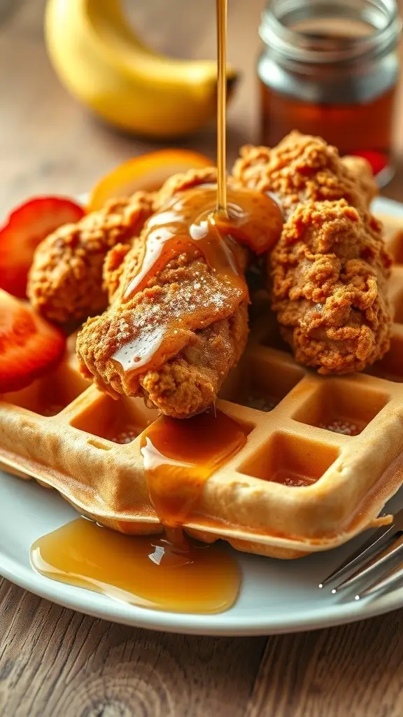 A plate of chicken and waffles with syrup drizzled on top.