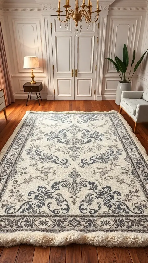 An opulent area rug with intricate patterns in a stylish room.