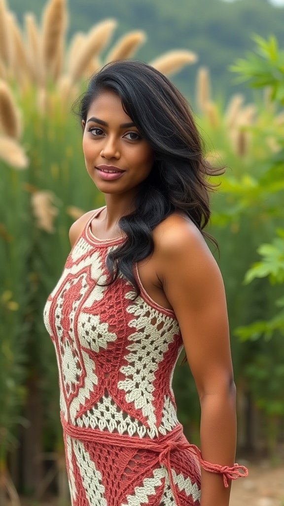 A crochet dress in dill green displayed outdoors among greenery, with playful accessories like a bird and colorful balls.