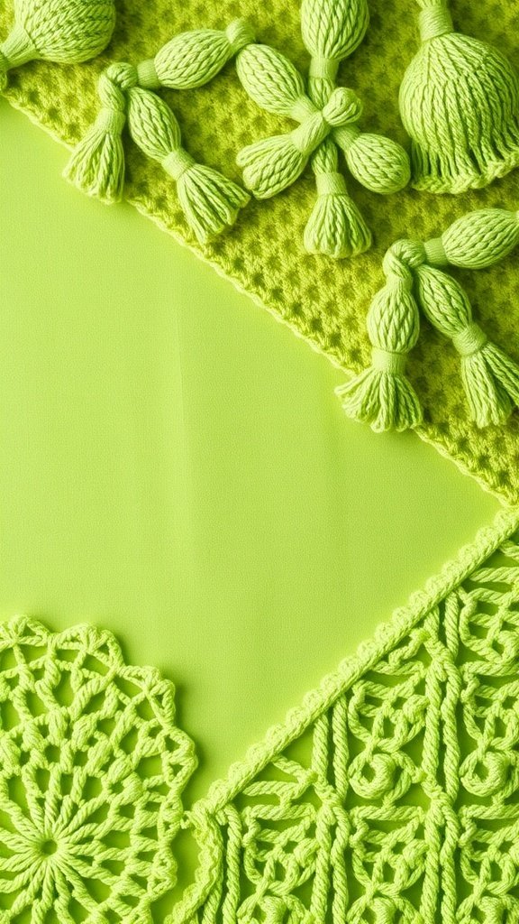 Various crochet patterns in dill green showcasing the Boho crochet style.