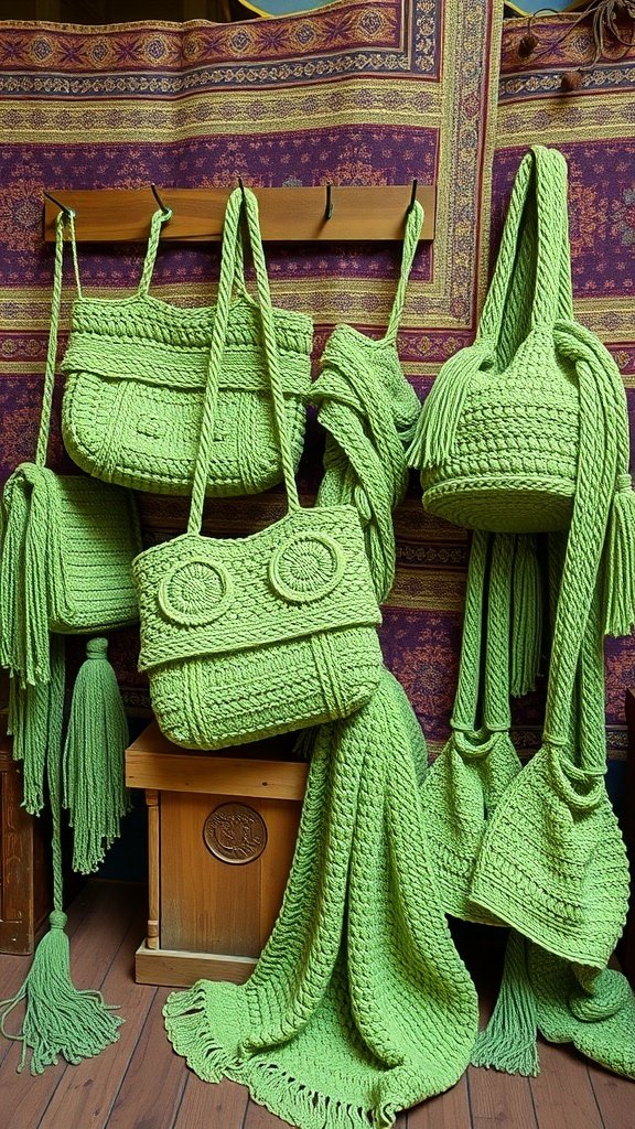 A collection of crochet bags and scarves in dill green, showcasing vibrant textures and playful tassels.