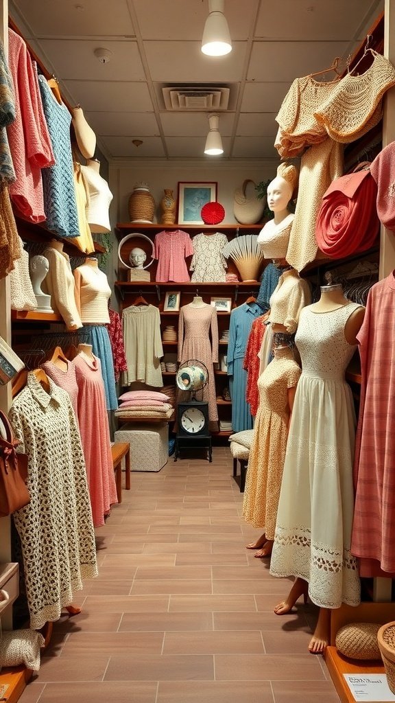 A display of vintage crochet clothing in a shop, featuring various styles in warm colors, including dill green.