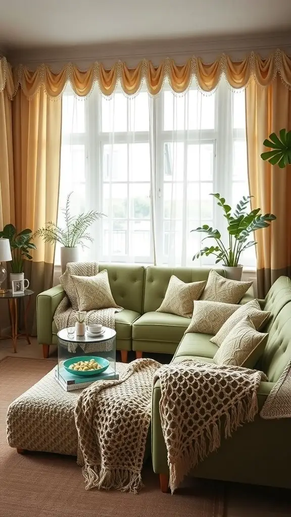 A cozy living room featuring a dill green sofa with crochet throws and pillows, surrounded by plants and natural light.