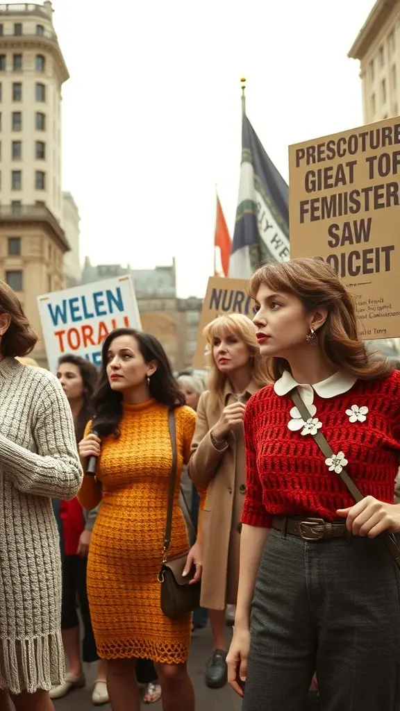 A group of women wearing colorful crochet outfits at a rally, holding protest signs.