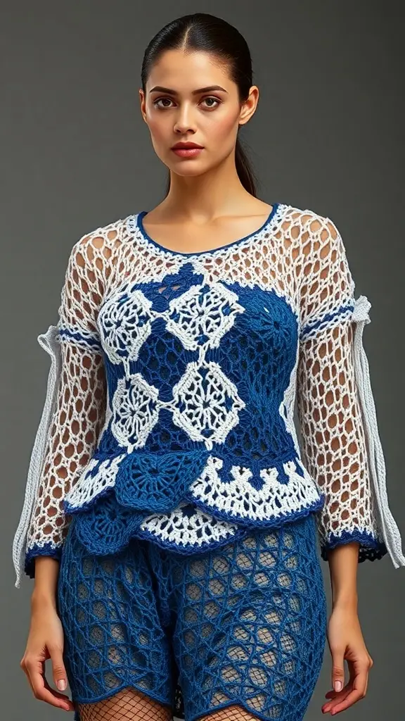 A model wearing a colorful crochet outfit featuring floral patterns and intricate designs, embodying 1960s Boho style.