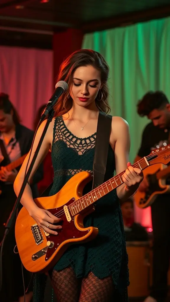 A lively concert scene with a group of people enjoying music, wearing stylish crochet outfits.