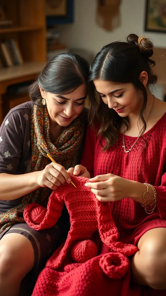 A group of friends sitting together in a cozy room, crocheting and enjoying each other's company.