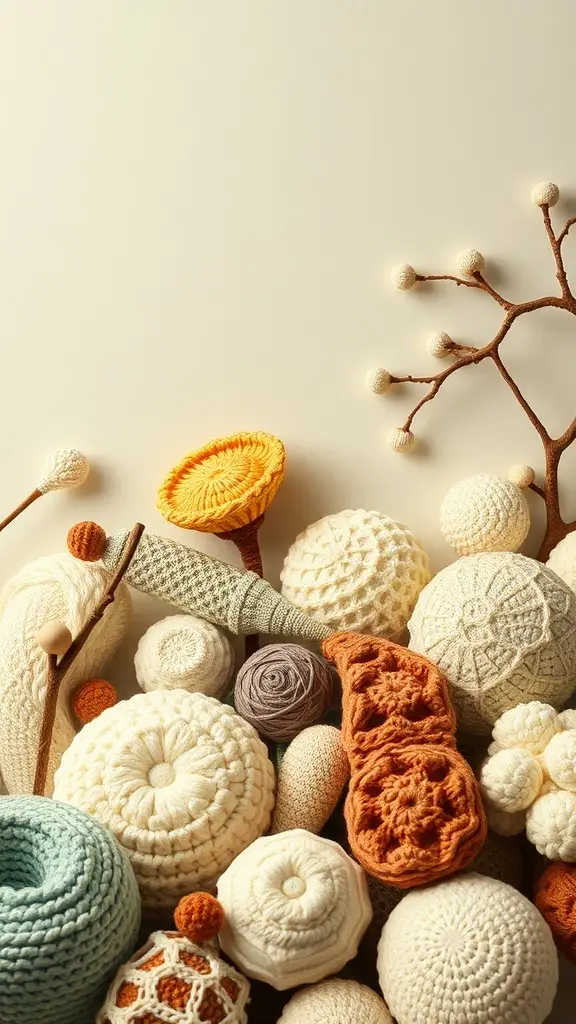 A collection of crochet pieces in various shapes and colors, inspired by nature.