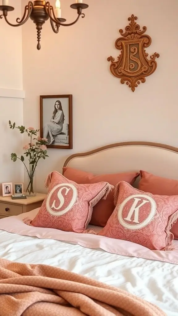 A cozy bedroom featuring personalized pillows, framed photos, and soft decor.