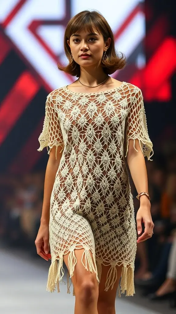 Models walking the runway showcasing vintage crochet fashion, featuring a dill green crochet top.