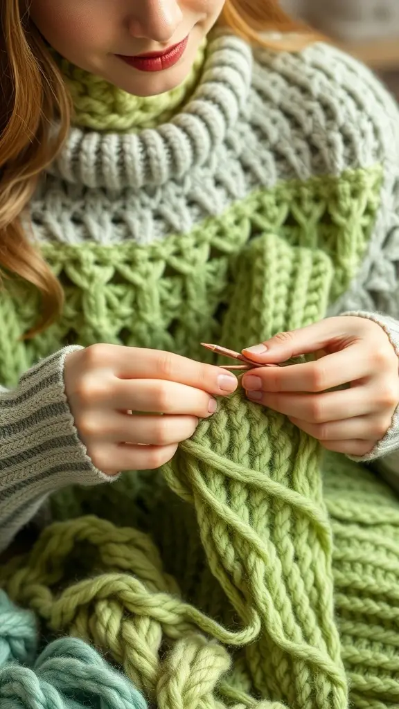 A vibrant crochet workshop with participants working on projects surrounded by colorful yarn and decorations.