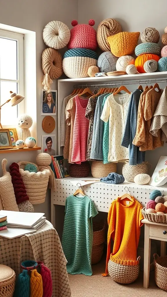 A colorful crafting space filled with yarns, handmade toys, and crochet items, showcasing the spirit of the DIY movement.