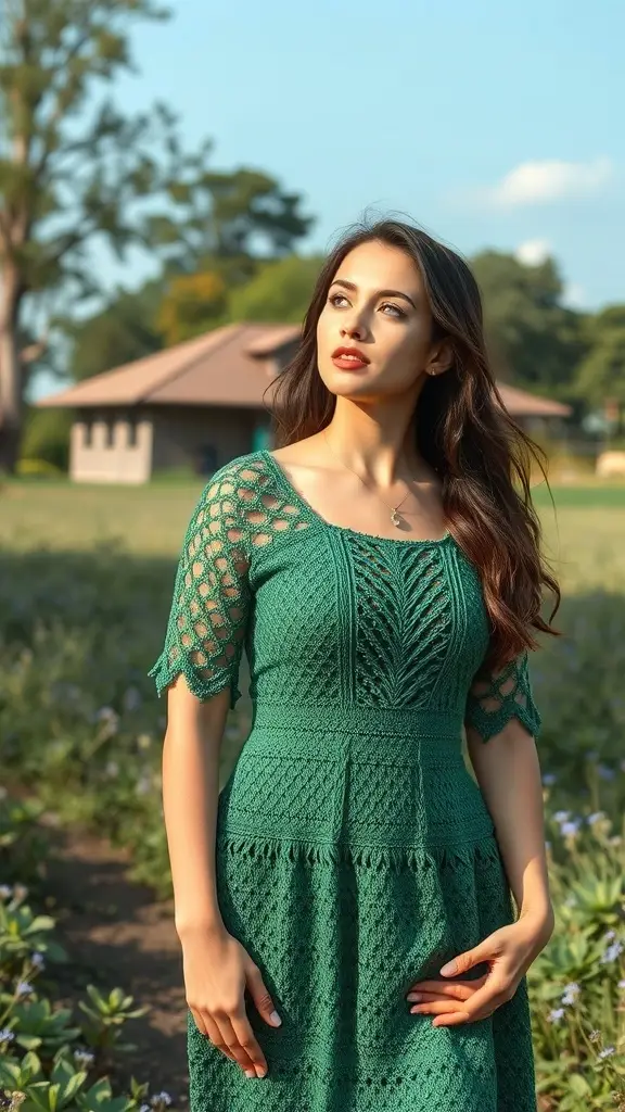 A woman crocheting outdoors in a Boho style, surrounded by yarn and a peaceful landscape.