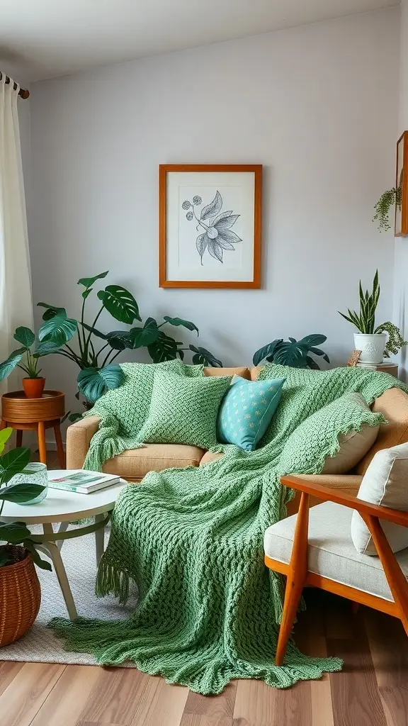 A cozy living room featuring a dill green crochet blanket on a sofa, surrounded by plants and decorative cushions.
