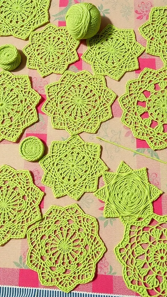 Intricate crochet doilies in dill green on a textured green background.