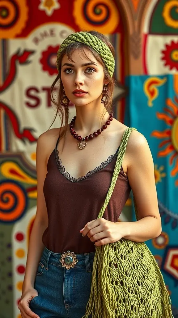 A model wearing a brown tank top and high-waisted denim shorts, accessorized with a dill green crochet headband, chunky necklace, and earrings, holding a crochet bag against a colorful backdrop.