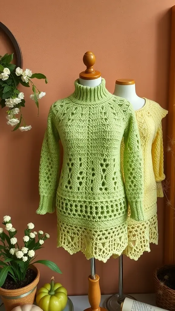 Three crochet garments in dill green displayed against a yellow background, showcasing boho crochet style.