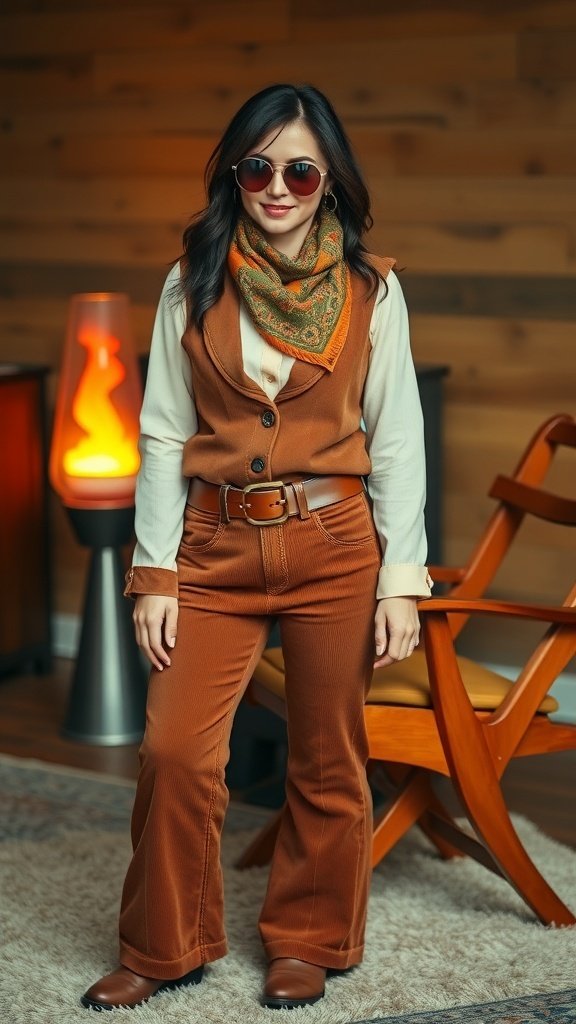 A stylish boho outfit featuring earthy tones, including a brown coat, brown pants, brown boots, and an orange hat, arranged on a newspaper background.