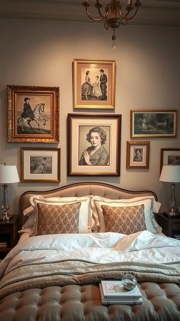 A cozy boudoir corner featuring a large framed poster titled 'Weecent', surrounded by smaller framed artworks, a plush sofa, and decorative flowers.