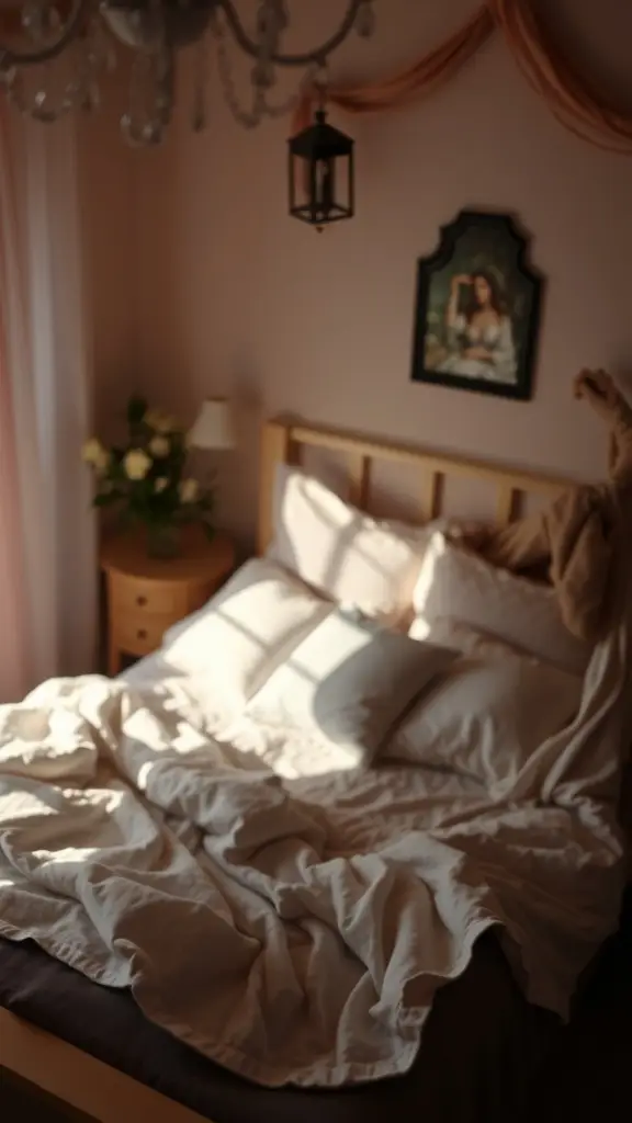 A cozy boudoir with soft lighting, featuring a bed with rumpled linens, a chandelier, and a framed painting on the wall.