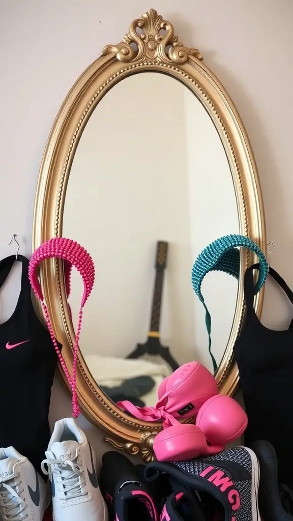 A gold-framed mirror reflecting colorful beaded headbands, workout clothes, and shoes, showcasing a stylish workout setup.