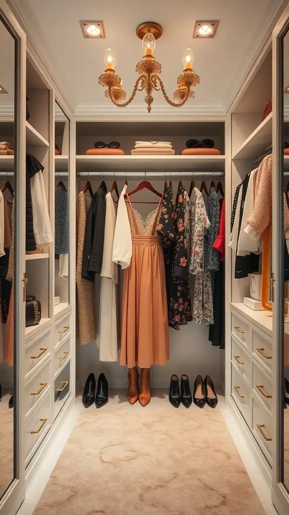A stylish wardrobe space featuring a chandelier, neatly arranged clothing, and a plush rug.