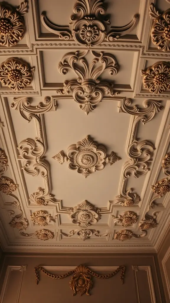 Intricate ceiling design with ornate patterns and gold accents.