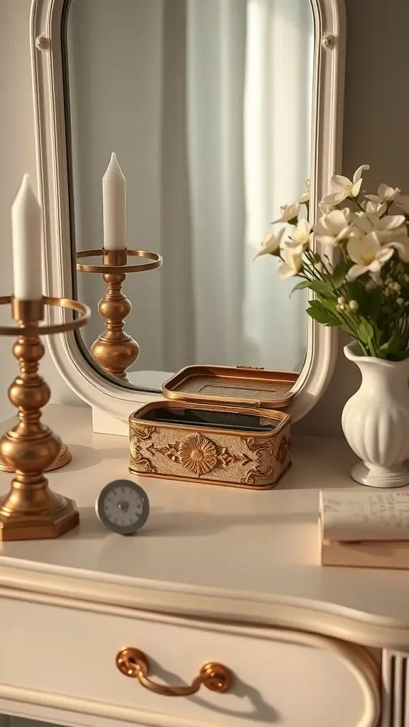 A vintage jewelry box with intricate golden design on a dresser, accompanied by candle holders, flowers, and a mirror.