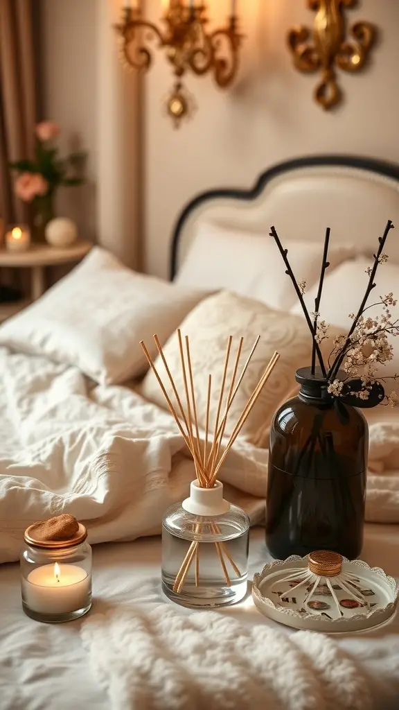 A beautifully arranged boudoir scene featuring fragrance diffusers, a candle, and decorative elements.
