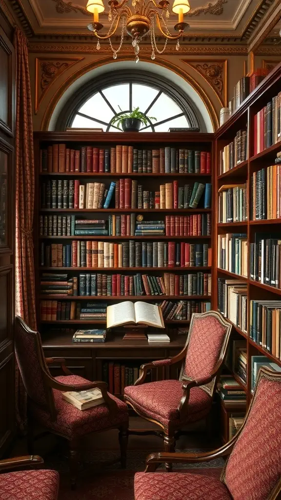 A cozy boudoir library with wooden shelves filled with books, plush chairs, and a chandelier.