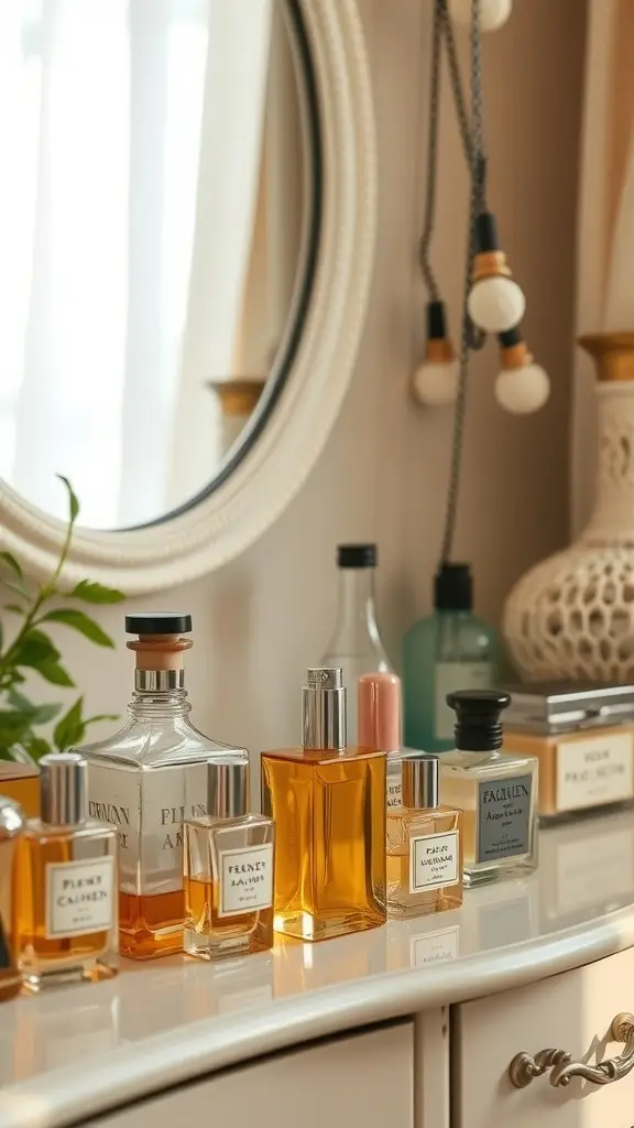 A collection of vintage perfume bottles displayed elegantly on a dresser.