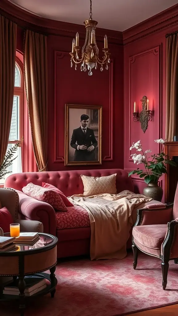 A luxurious boudoir with deep red walls, plush pink furniture, and elegant lighting.