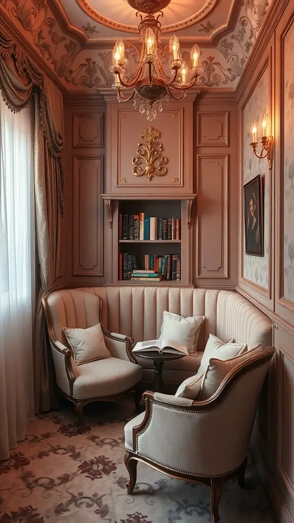 A cozy reading nook with plush seating, colorful cushions, and a small bookshelf, featuring rich colors and elegant details.