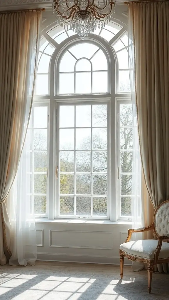 Elegant window treatments with soft drapes framing large windows in a cozy room.